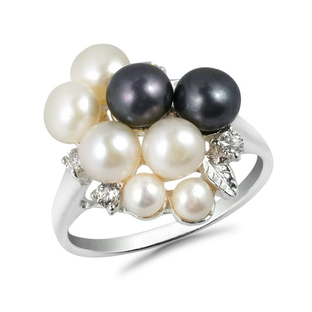 925 Silver Plated Zircon Pearls Opening Rings for Women Diameter 18mm Adjustable 